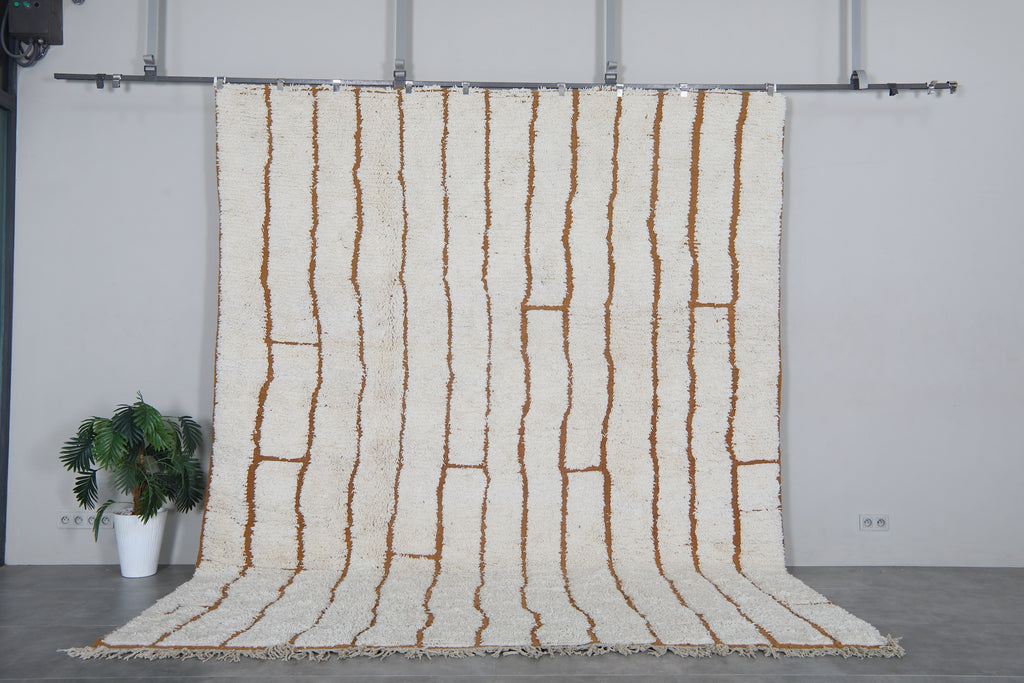 Cream Moroccan shag rug 9.7x12.5 ft - Handmade wool Berber carpet with brown lines