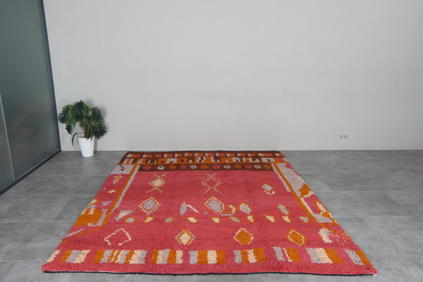 Pink Moroccan shag rug 8.1x10 ft - Handmade wool Berber carpet with orange motifs