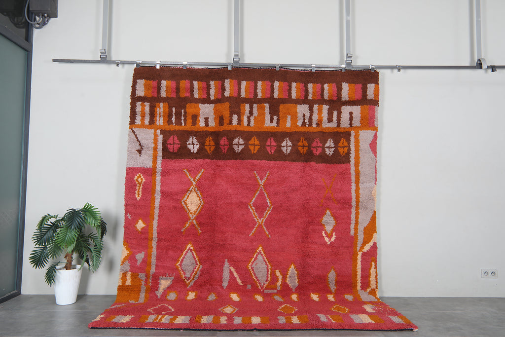 Pink Moroccan shag rug 8.1x10 ft - Handmade wool Berber carpet with orange motifs