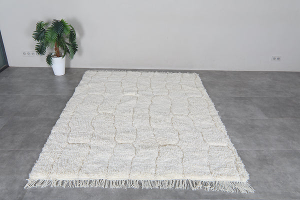 Cream Moroccan shag rug 6.1x8.1 ft - Handmade wool Berber carpet with raised lines