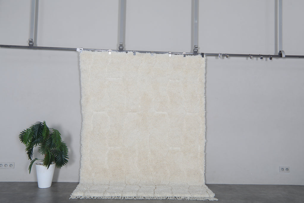 Cream Moroccan shag rug 6.1x8.1 ft - Handmade wool Berber carpet with raised lines