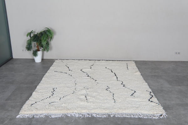 White Moroccan shag rug 7x8.1 ft - Handmade wool Berber carpet with black abstract lines