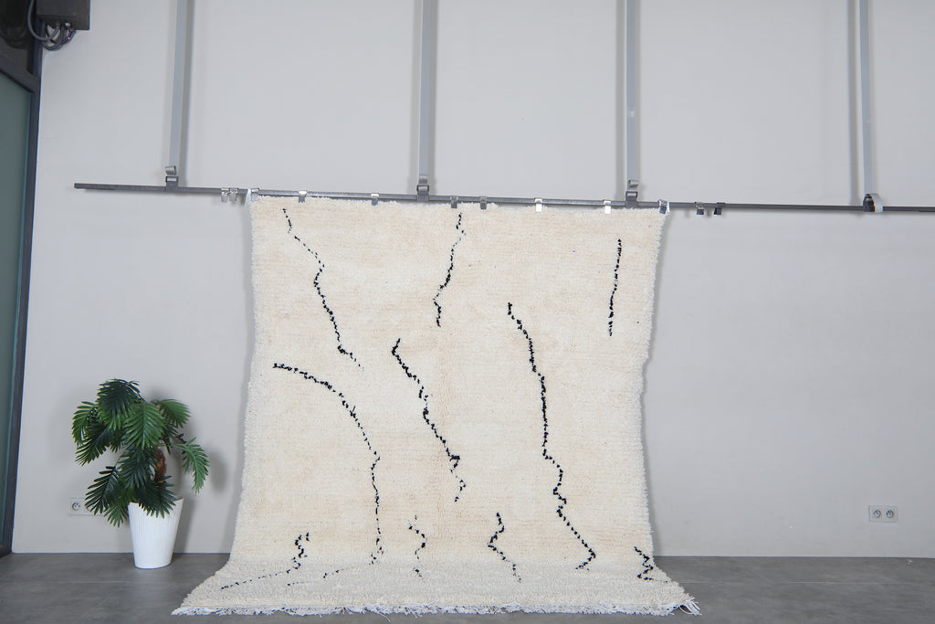 White Moroccan shag rug 7x8.1 ft - Handmade wool Berber carpet with black abstract lines