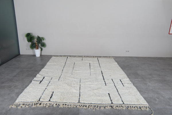 White Moroccan shag rug 8.3x10.4 ft - Handmade wool Berber carpet with gray lines