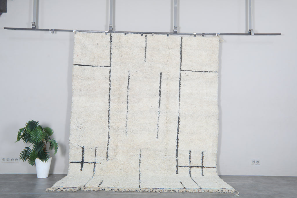 White Moroccan shag rug 8.3x10.4 ft - Handmade wool Berber carpet with gray lines