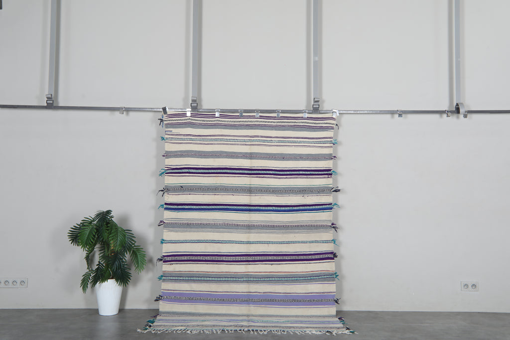 Striped Moroccan kilim rug 5x7.7 ft - Handmade Berber flatweave carpet