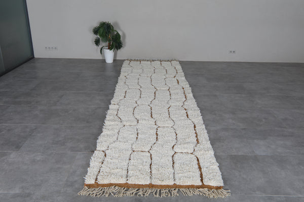 White Moroccan runner rug 3.9x14.6 ft - Handmade wool Berber carpet with brown lines