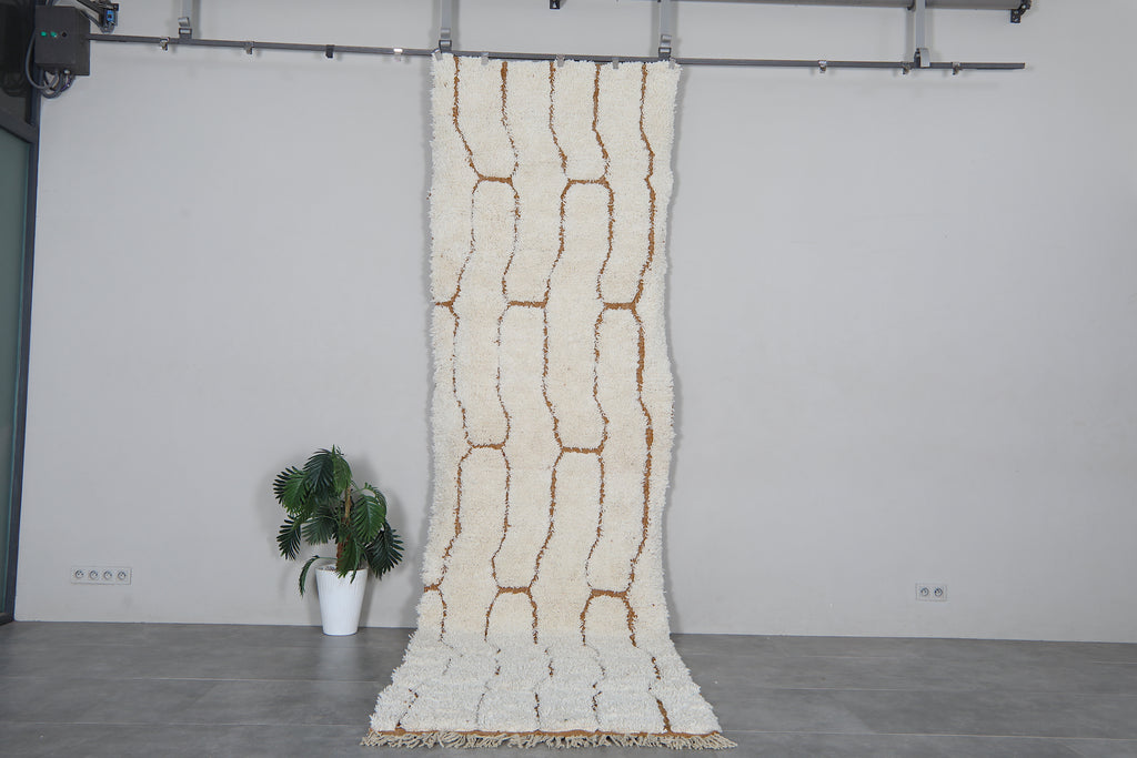 White Moroccan runner rug 3.9x14.6 ft - Handmade wool Berber carpet with brown lines