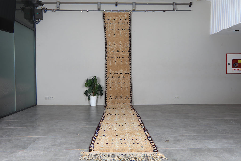 Beige Moroccan runner rug 2.5x23.1 ft - Handmade wool Berber carpet with tribal border details