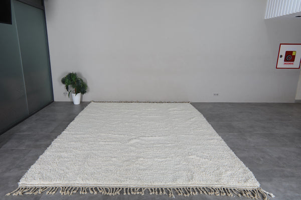 White Moroccan shag rug 9.3x12.3 ft - Handmade wool Berber carpet with minimalist texture