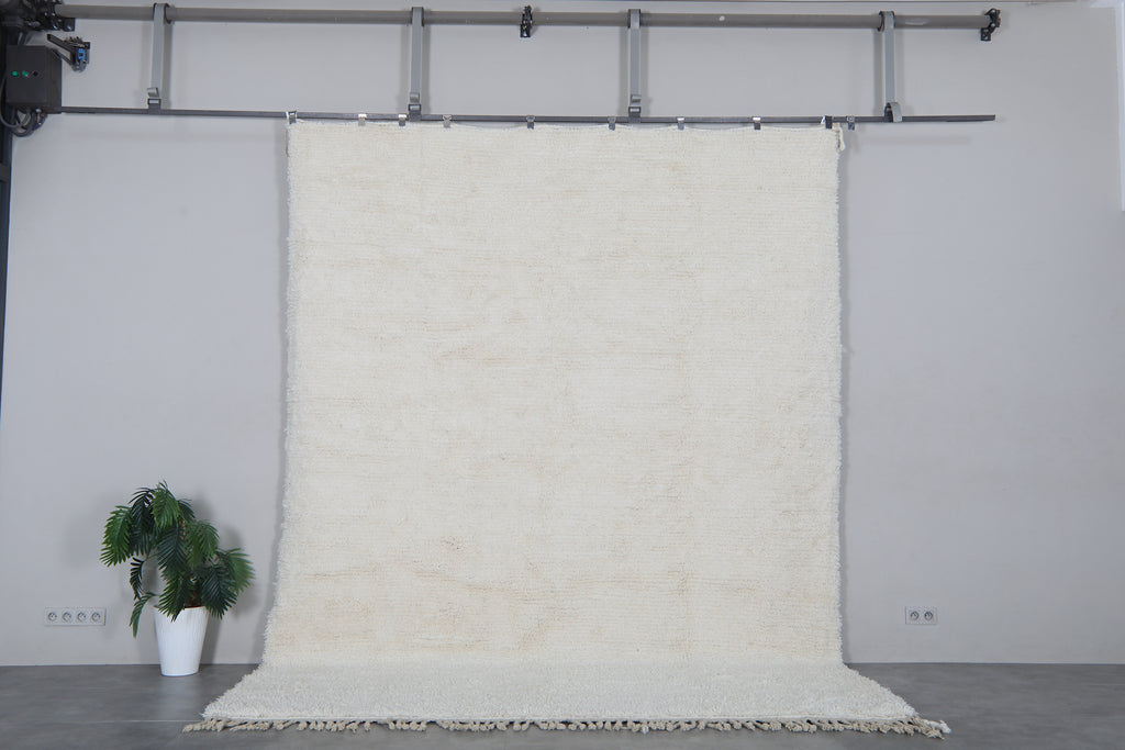 White Moroccan shag rug 9.3x12.3 ft - Handmade wool Berber carpet with minimalist texture