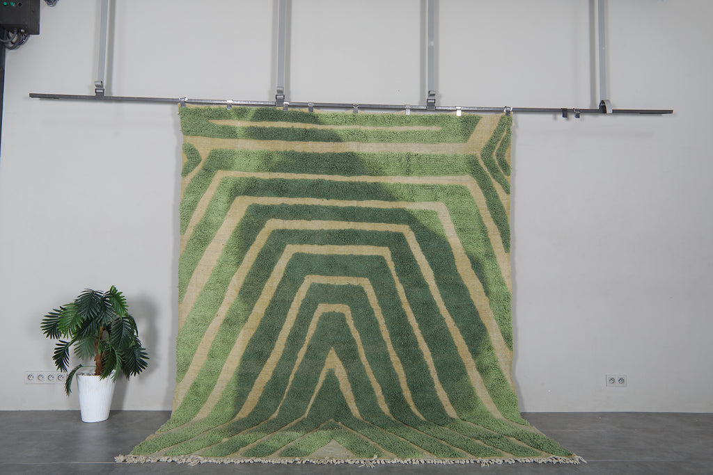Handmade Moroccan rug 8 x 10.2 Ft green and cream geometric pattern | Modern decor
