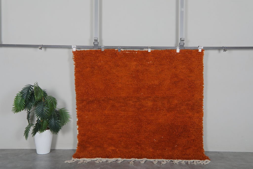 Burnt orange Moroccan shag rug 5.4x5.3 ft - Handmade wool Berber carpet with minimalist texture