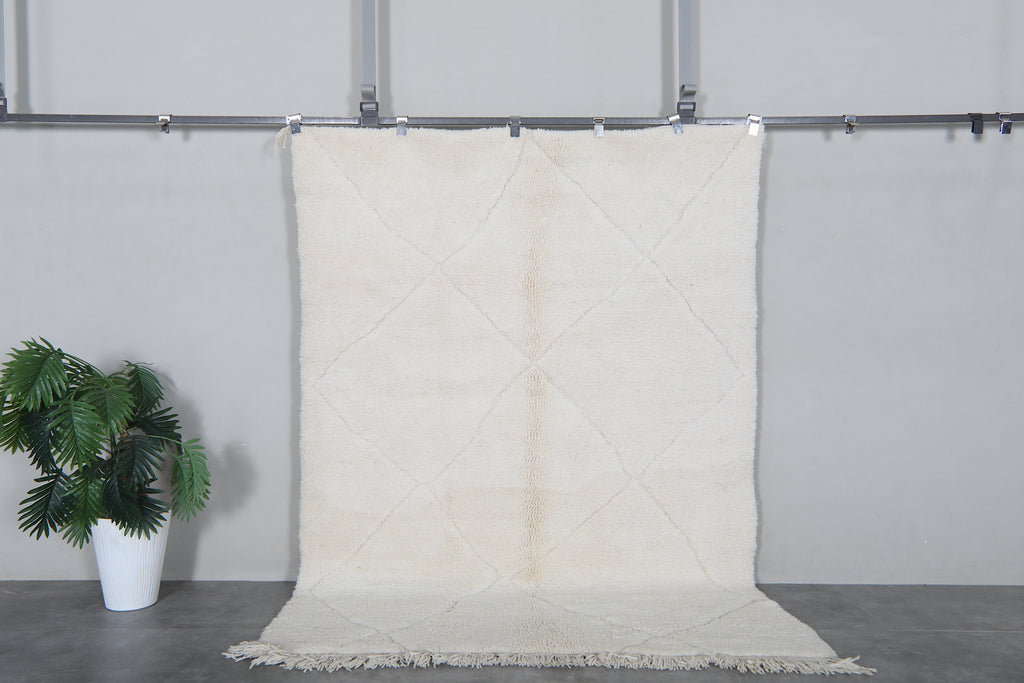 Cream Moroccan shag rug 5.3x7.2 ft - Handmade wool Berber carpet with subtle diamond details