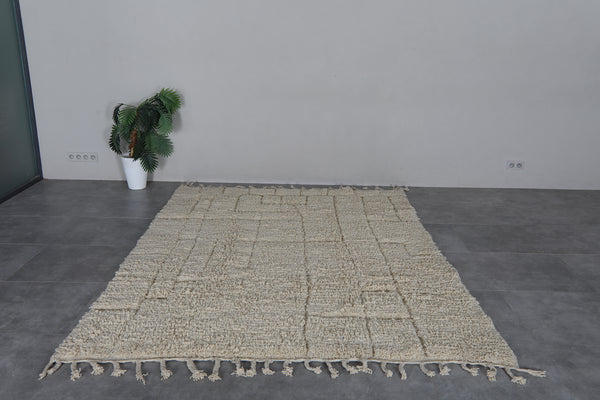 Cream Moroccan shag rug 7x9.3 ft - Handmade wool Berber carpet with raised square details