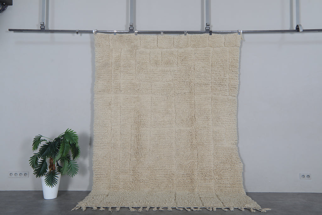 Cream Moroccan shag rug 7x9.3 ft - Handmade wool Berber carpet with raised square details
