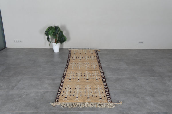 Beige Moroccan runner rug 2.8x10.1 ft - Handmade wool Berber carpet with tribal motif details