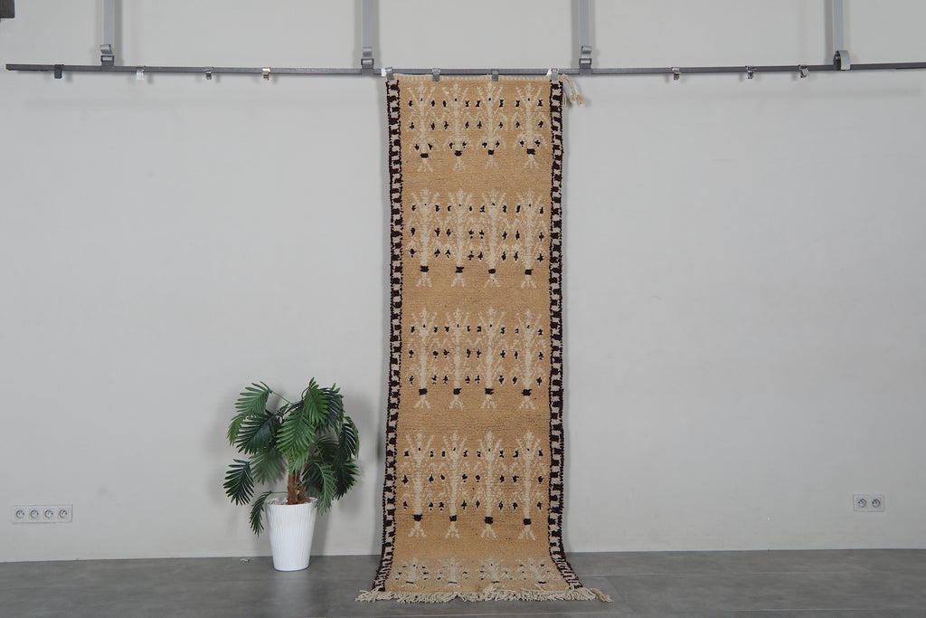 Beige Moroccan runner rug 2.8x10.1 ft - Handmade wool Berber carpet with tribal motif details