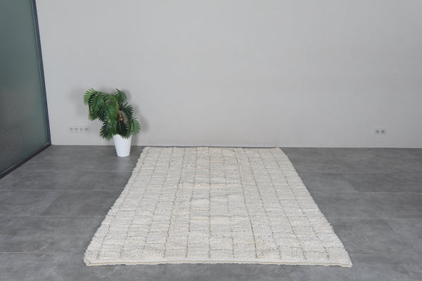 Cream Moroccan shag rug 6.1x9.5 ft - Handmade wool Berber carpet with raised grid details