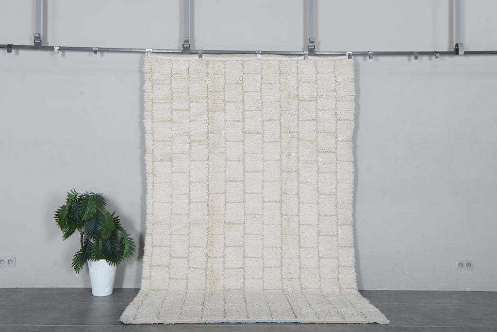 Cream Moroccan shag rug 6.1x9.5 ft - Handmade wool Berber carpet with raised grid details