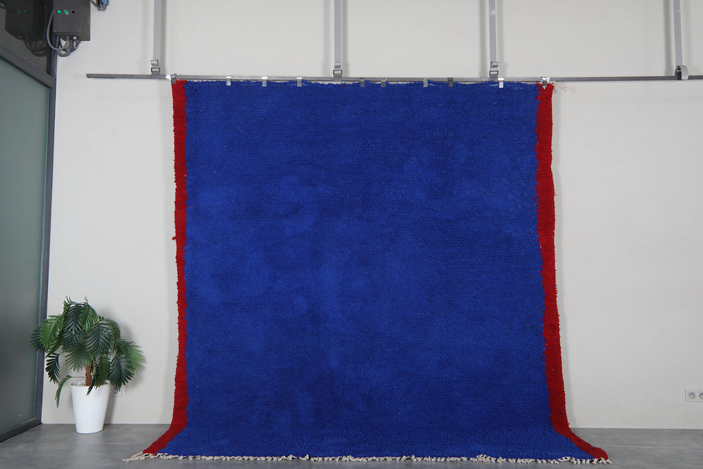 Blue Moroccan shag rug 9x10 ft - Handmade wool Berber carpet with red border details