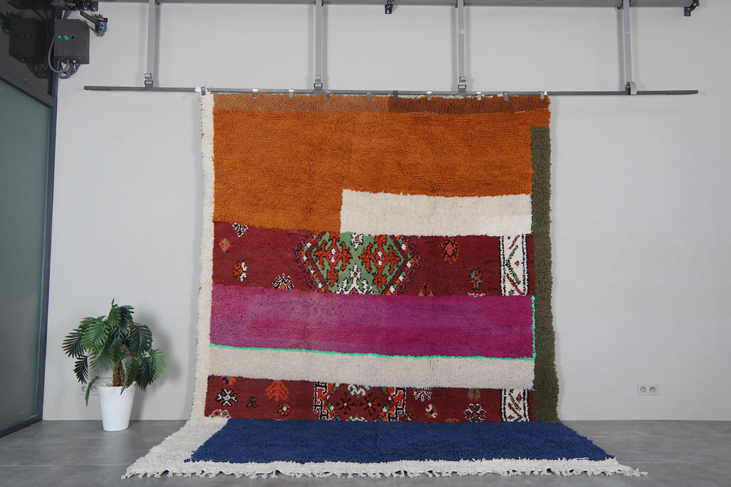 Colorful Moroccan shag rug 9x12 ft - Handmade wool Berber carpet with patchwork design