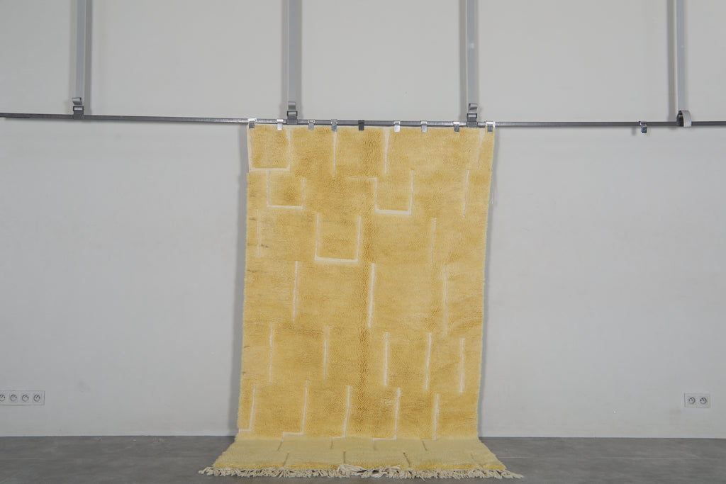 Butter Yellow Moroccan Rug 4.7 x 8.5 feet – Abstract Geometric Wool Shag Rug