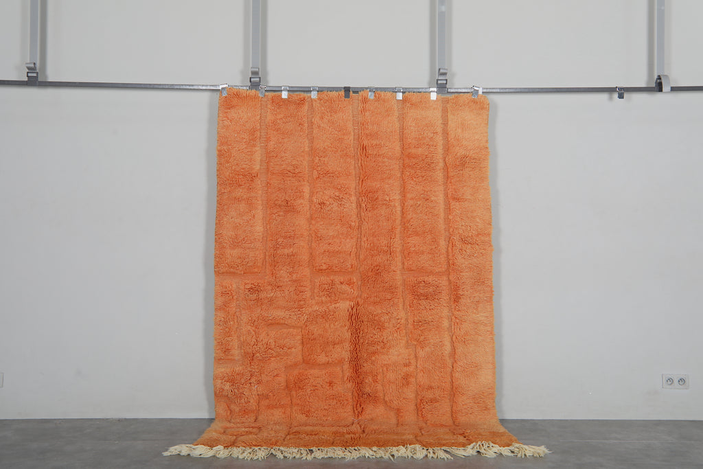 Coral Orange Moroccan Rug 5.4 x 8.2 feet – Abstract Geometric Wool Shag Rug