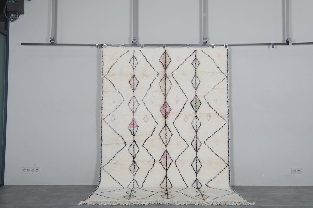 Ivory Moroccan Rug 6.5 x 9.6 feet – Diamond Geometric Wool Shag Rug