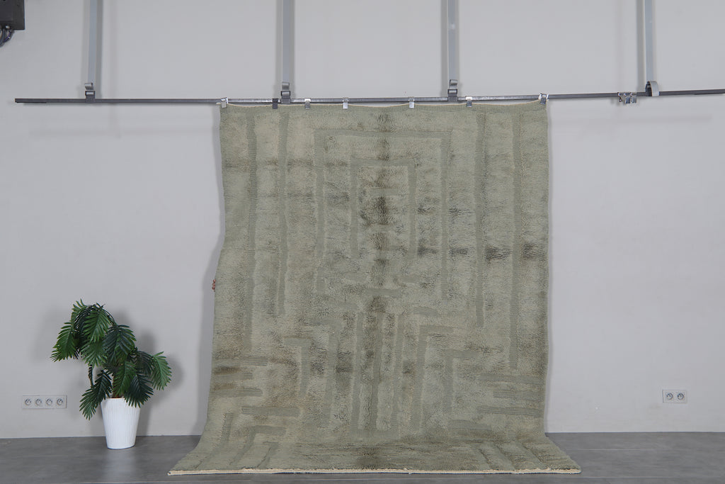 Sage Green Moroccan Rug 7.1 x 9.4 feet – Abstract Geometric Wool Shag Rug