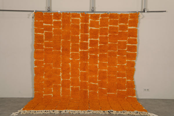 Bright orange & cream grid Moroccan rug - 8.7 FT X 9.9 FT
