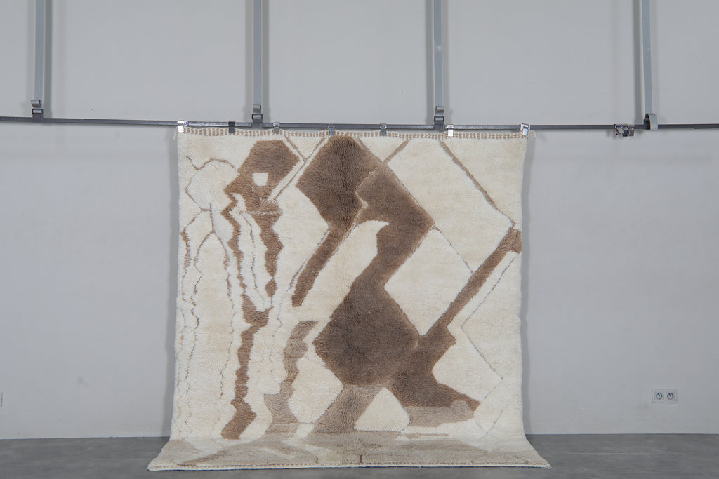 Ivory and Taupe Moroccan Rug 6.9 x 7.9 feet – Abstract Geometric Wool Shag Rug