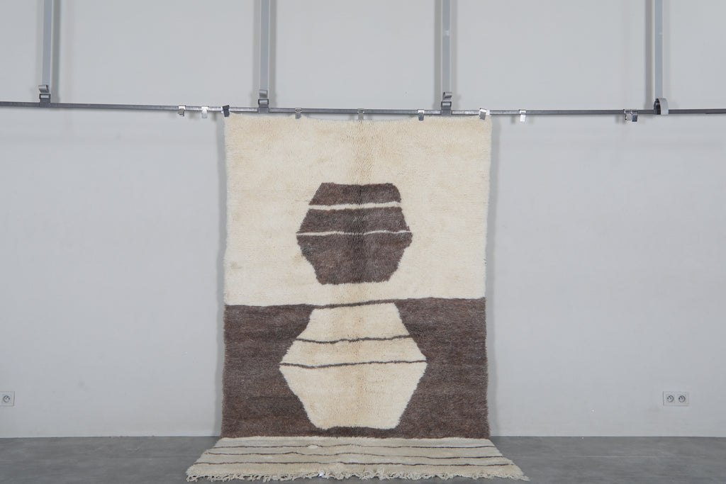 Ivory and Brown Moroccan Rug 5 x 8.4 feet – Abstract Wool Shag Rug