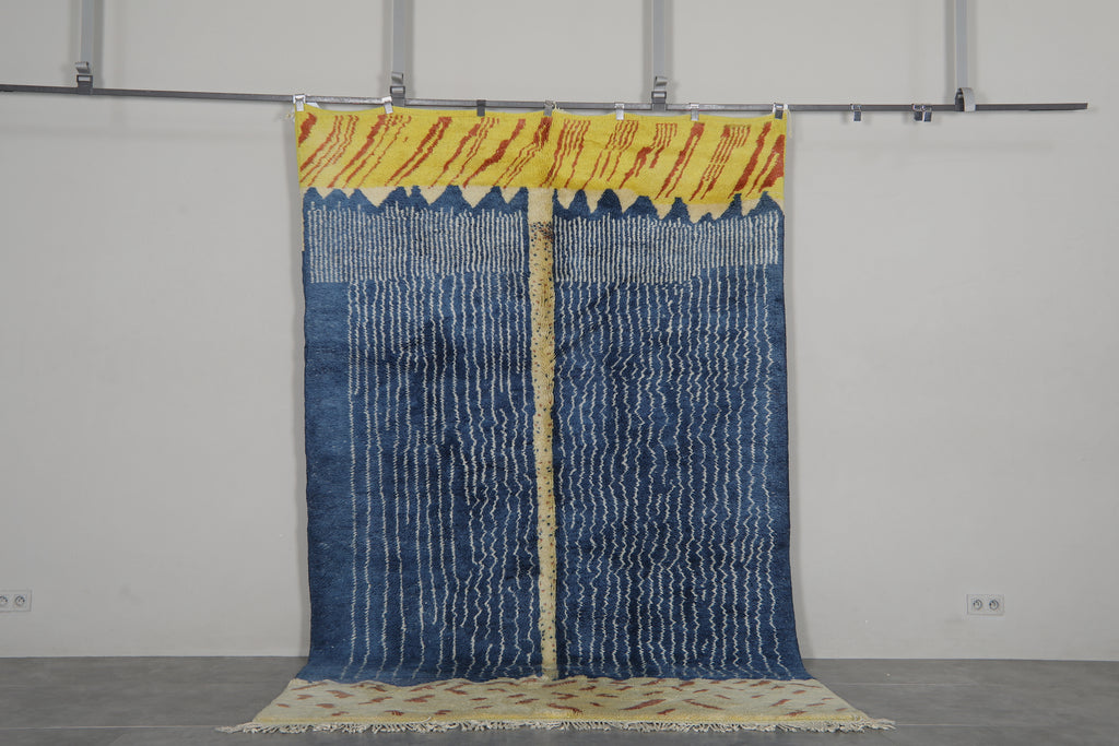 Blue and Yellow Moroccan Rug 6.7 x 10.4 feet – Abstract Striped Wool Shag Rug