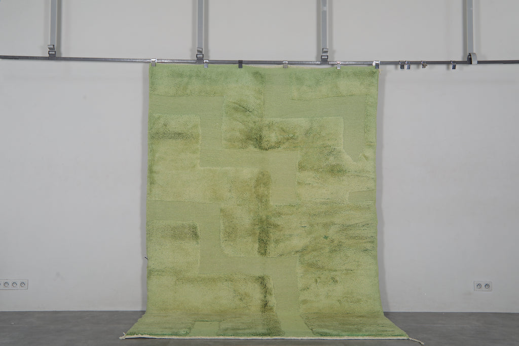 Light Green Moroccan Rug 6.7 x 9.7 feet – Abstract Geometric Wool Shag Rug