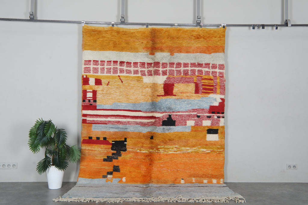 Orange and Red Moroccan Rug 6.9 x 9.7 feet – Abstract Color Block Wool Shag Rug