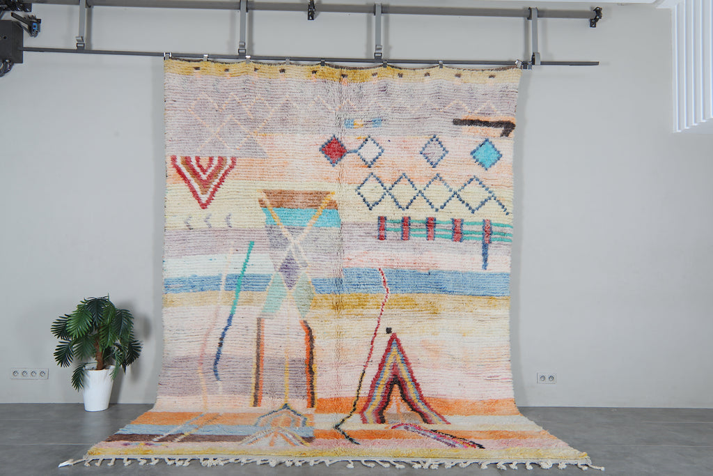 Cream Moroccan Rug 9.2 x 12.9 feet – Abstract Wool Shag Rug