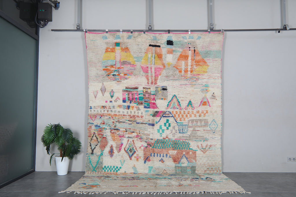 Colorful Moroccan Rug 7.8 x 8.2 feet – Abstract Wool Shag Rug – Artistic Berber Carpet