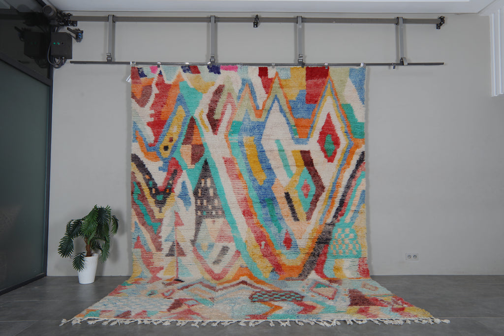 Colorful Moroccan Rug 9.6 x 13.7 feet – Abstract Wool Shag Rug