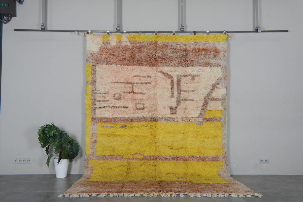 Yellow Moroccan Rug 8.1 x 11.2 feet – Abstract Wool Shag Rug