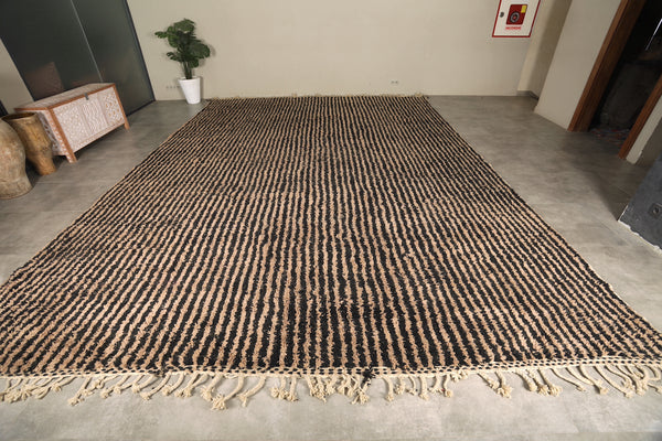 Beige & black Moroccan rug - Handwoven striped wool - 12.7 FT Х 17.8 FT