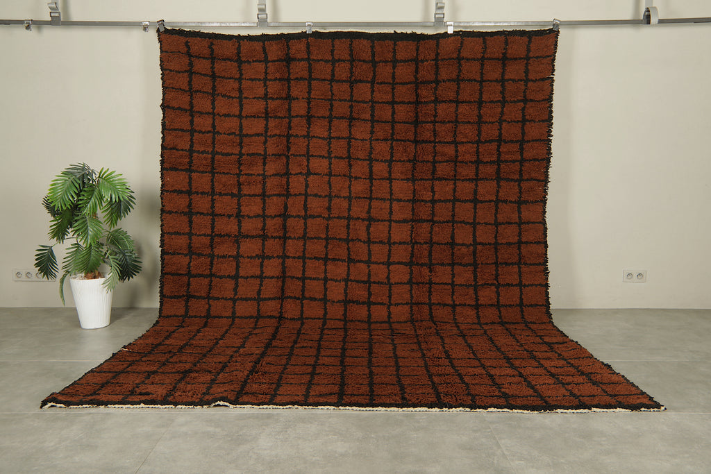 Deep brown & black Moroccan rug - Handwoven checkered wool - 8.1FT Х 10.1 FT