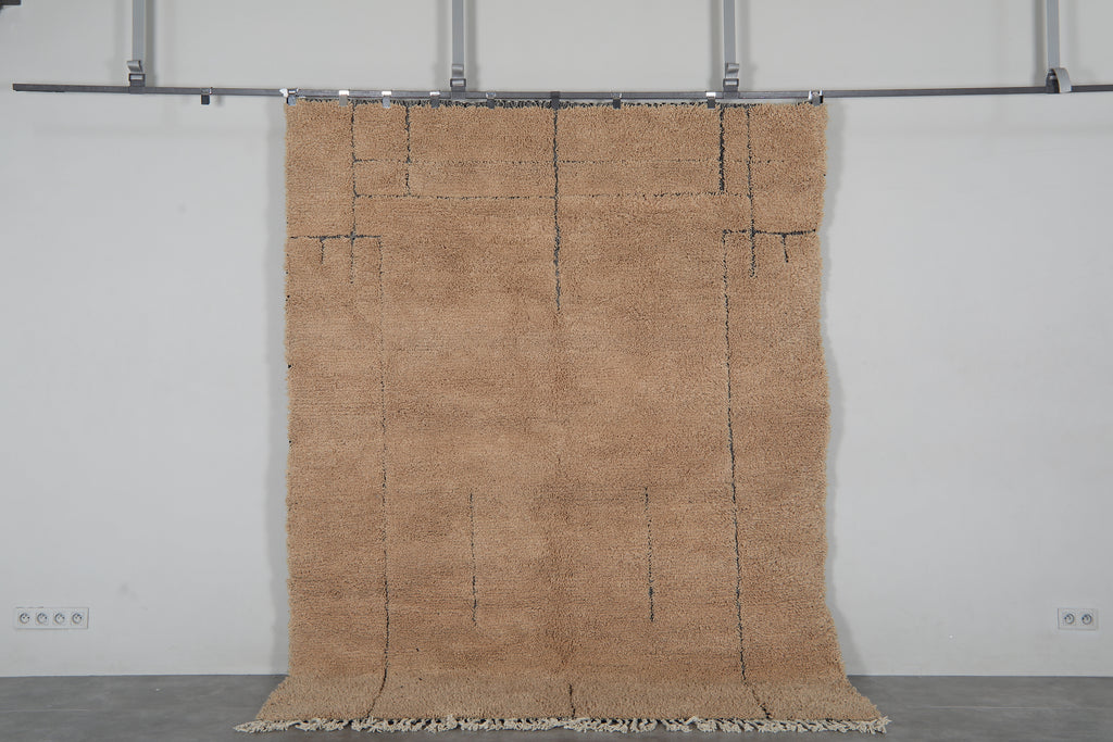 Camel Moroccan Rug 7.2 x 9.3 Feet – Minimalist Abstract Wool Shag Rug – Handmade Berber Carpet