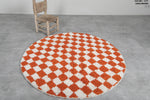 Round Orange and White Checkered Moroccan Wool Rug - 5 ft