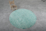 Round Turquoise and White Checkered Moroccan Wool Rug - 5 ft