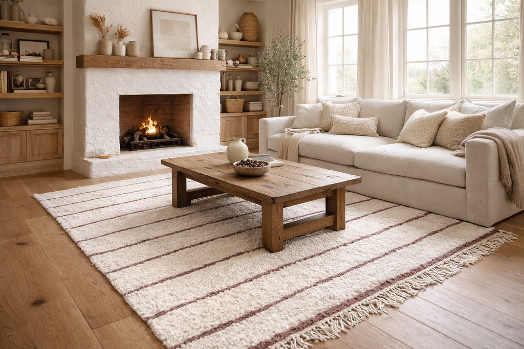Creamy custom Moroccan striped carpet – Handmade wool rug