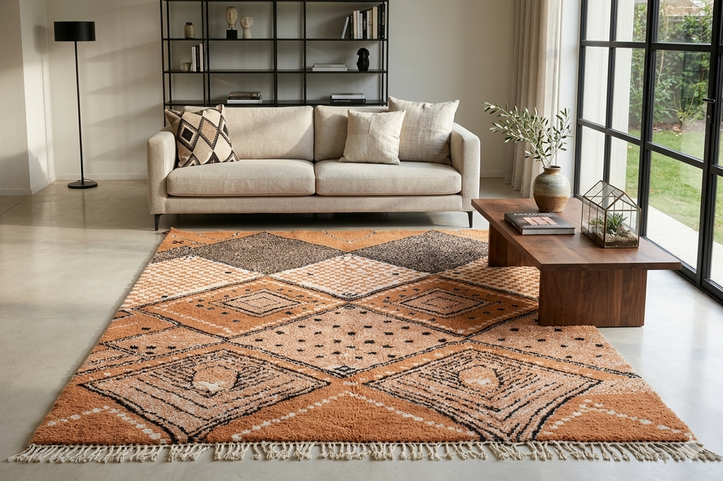 Vibrant custom orange trellis Moroccan rug