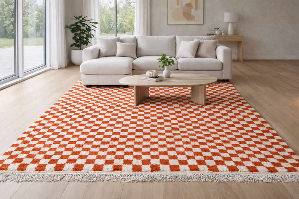 Custom red & white checkered rug – Bold design for your home