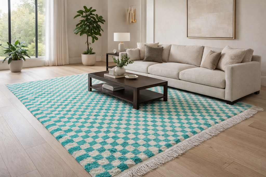Custom light green & white checkered Moroccan rug – Refresh your space
