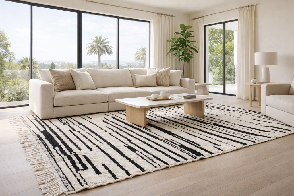 Custom black & white striped Moroccan rug – Handcrafted wool design